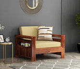 ONIJA  Wood 1 Seater Sofa for Livingroom - Wooden Single Seater Sofa for Home - Sofa with Storage for Magzine Holder - Sofa Couch for Bedroom - HONEY FINISH